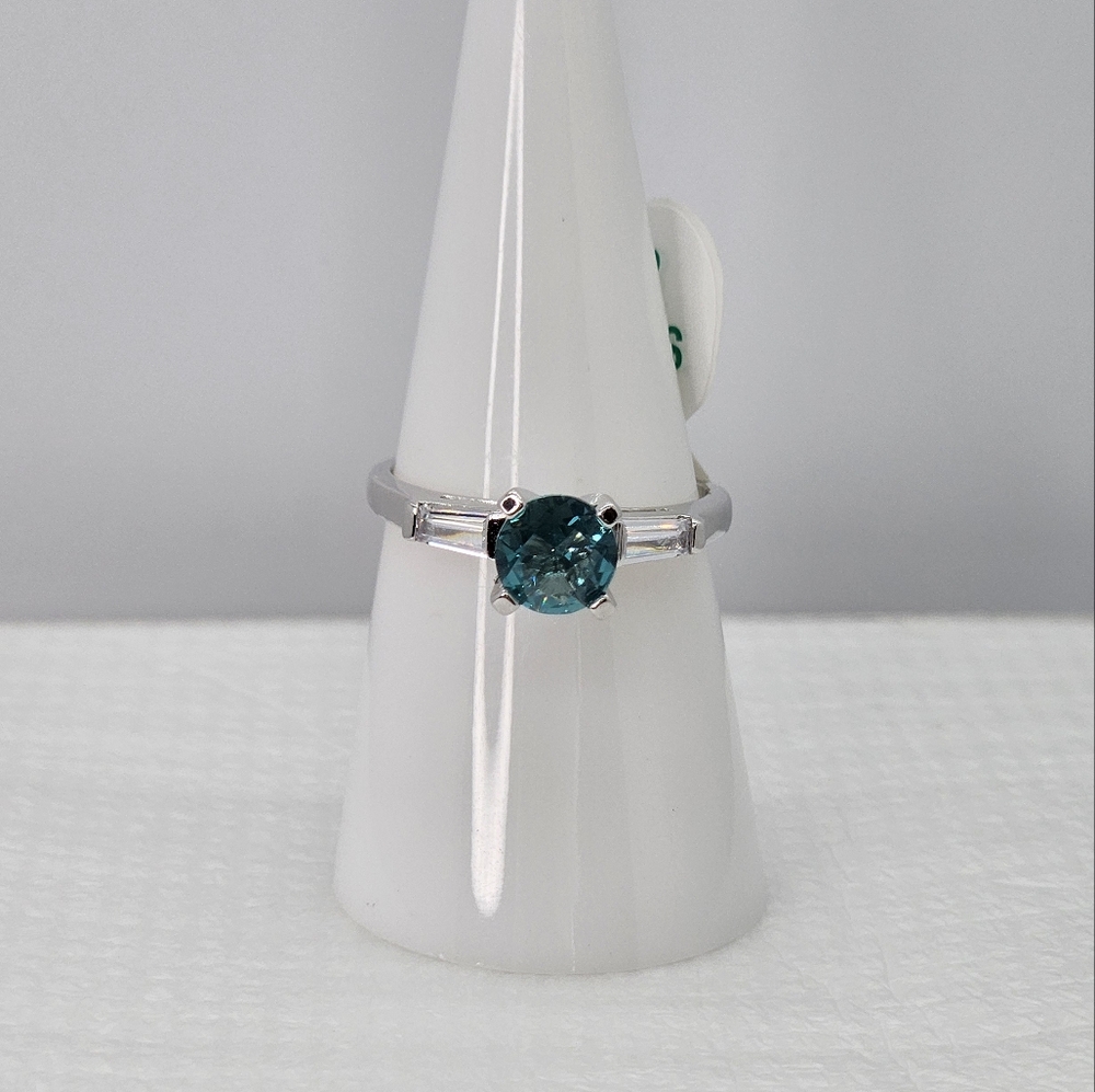 Round Teal Gemstone Ring with Baguette Accents in Silver